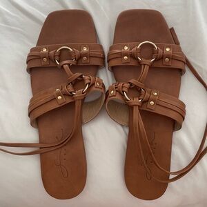 Women’s Brown Strappy Sandals with Gold Trim sz 9